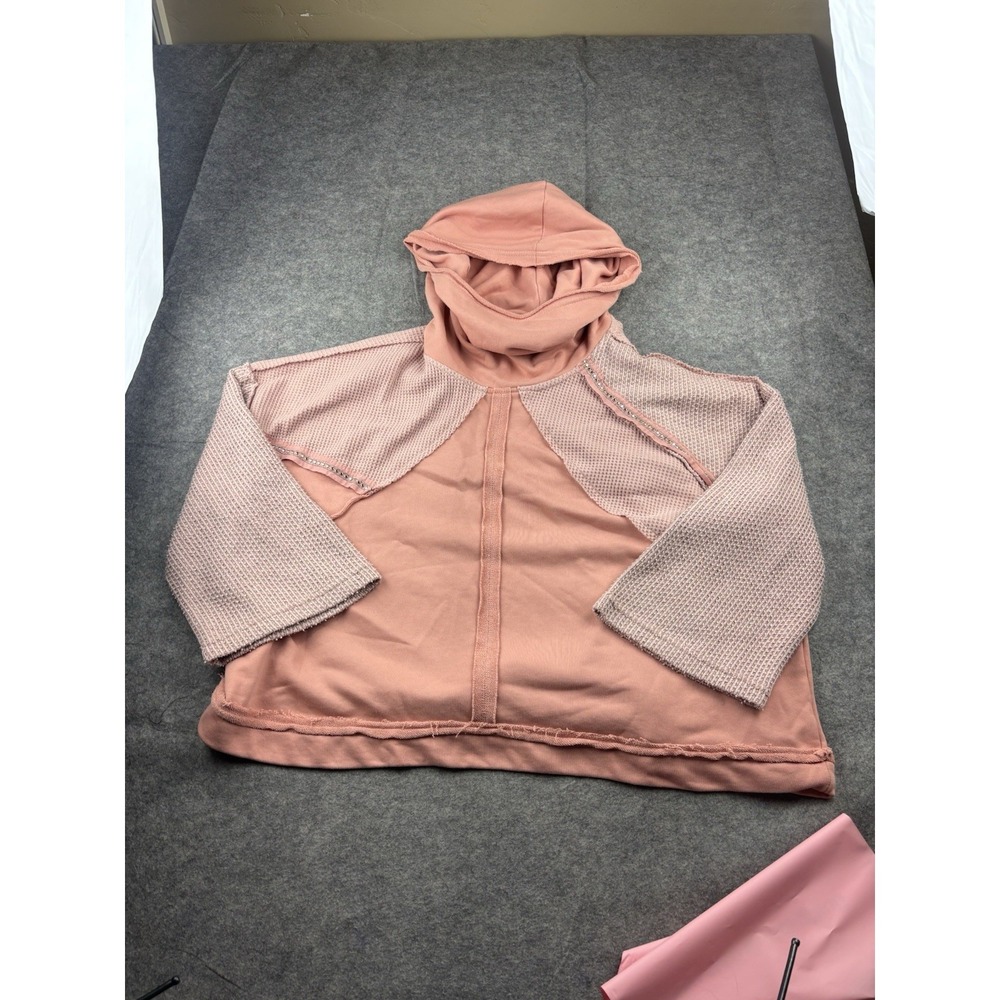 POL Women S Oversize Patchwork Seeatshirt Hoodie Pink Waffle Knit Mix Media Boho